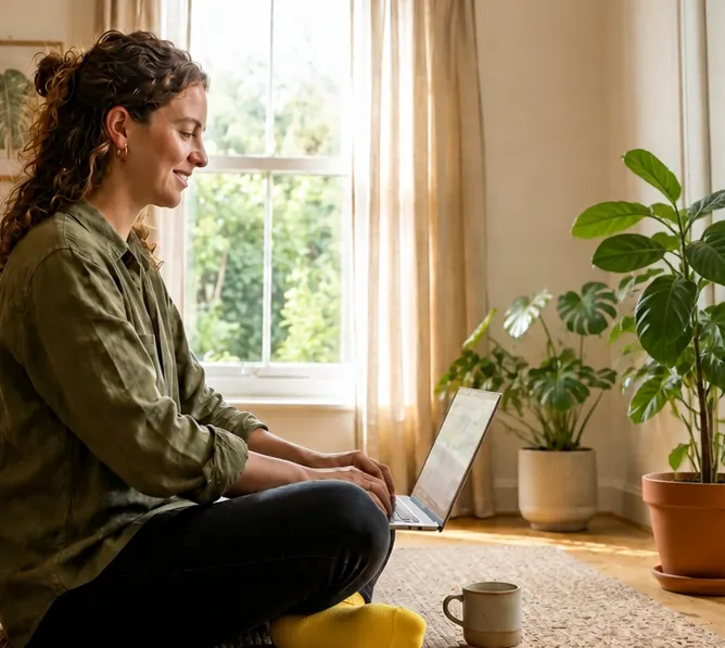 Woman sitting on her living room floor using a laptop by a sunlit window
